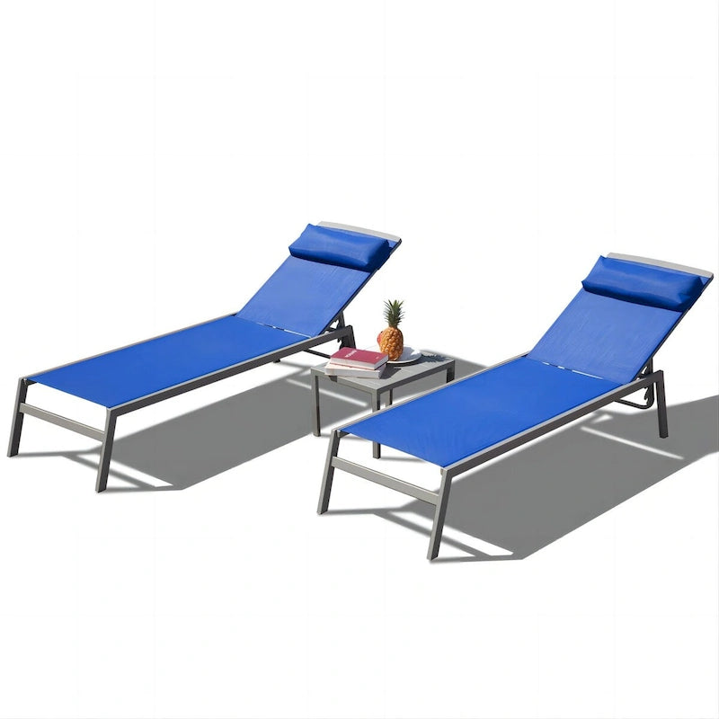 Patio Chaise Lounge Set of 3, Lounge Chairs with 5 Adjustable Positions, Chaise Lounge (2 Lounge Chairs+1 Table)