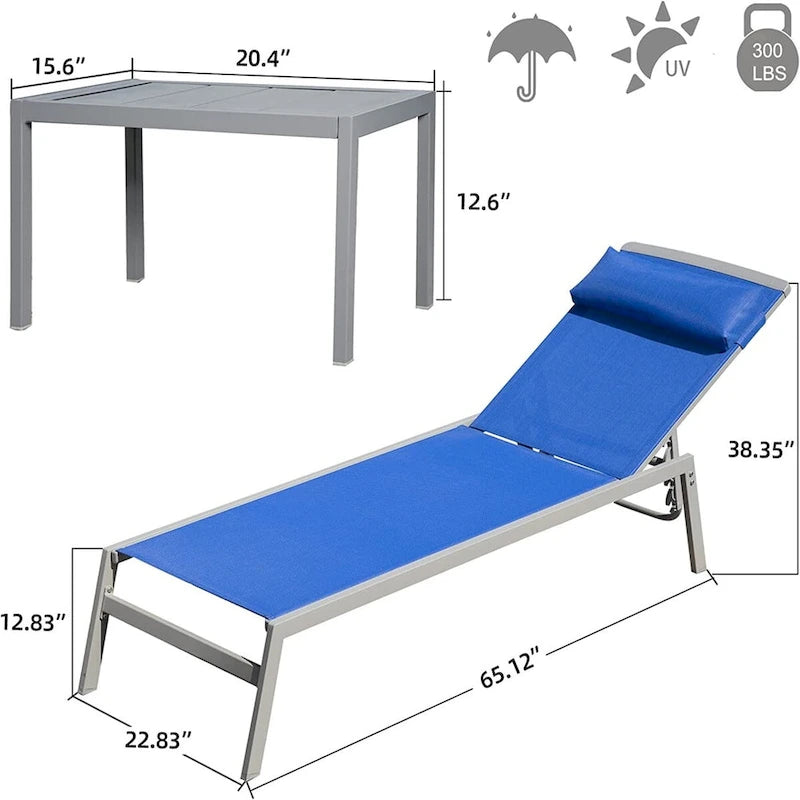 Patio Chaise Lounge Set of 3, Lounge Chairs with 5 Adjustable Positions, Chaise Lounge (2 Lounge Chairs+1 Table)