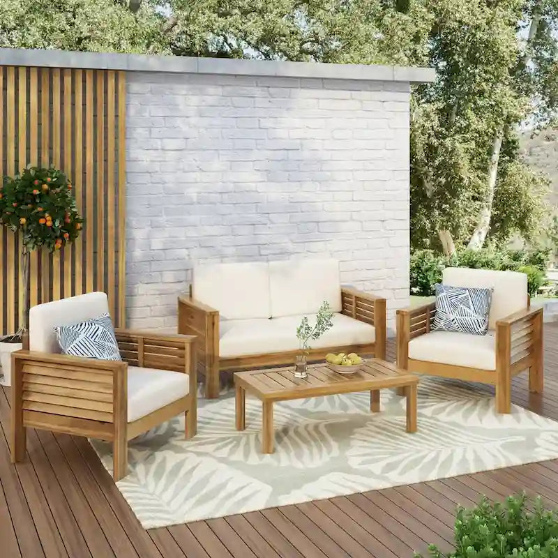 Acacia Wood Outdoor Loveseat and Coffee Table Set with Cushions