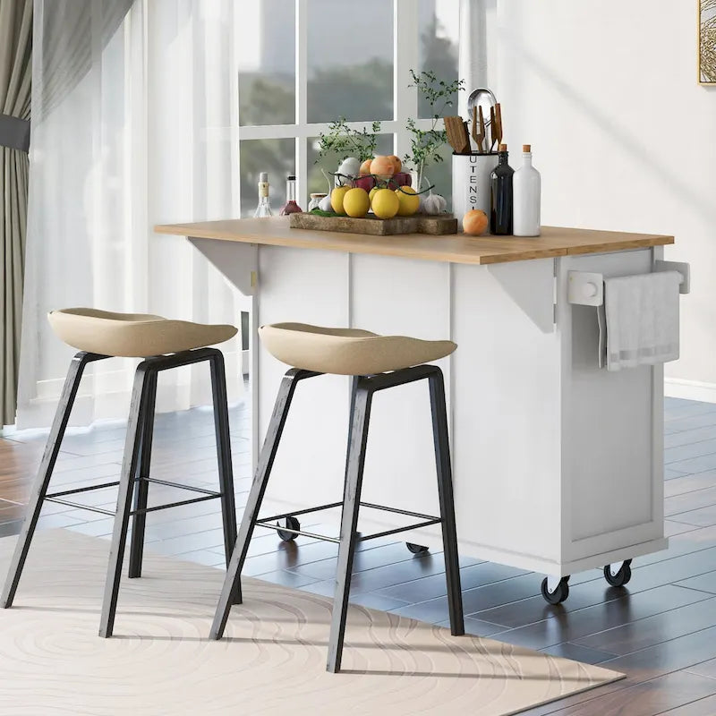 Oaks Aura 5-wheel White Kitchen Cart, Rubberwood Drop-Leaf Countertop, Internal storage racks, 3-drawer Storage Cabinet