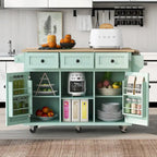 Oaks Aura 5-wheel White Kitchen Cart, Rubberwood Drop-Leaf Countertop, Internal storage racks, 3-drawer Storage Cabinet