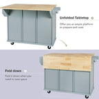 Oaks Aura 5-wheel White Kitchen Cart, Rubberwood Drop-Leaf Countertop, Internal storage racks, 3-drawer Storage Cabinet