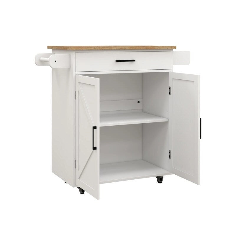 Kitchen Island Rolling Trolley Cart with Adjustable Shelves & Rubber Wood table top