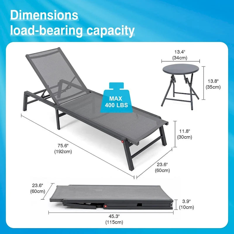 Foldable Lounge Chairs with 5 Reclining Positions and Round Table - N/A