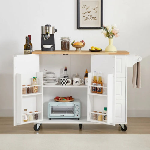 53.8 in. W Rolling Kitchen Island with Internal Storage Rack and Three Drawers