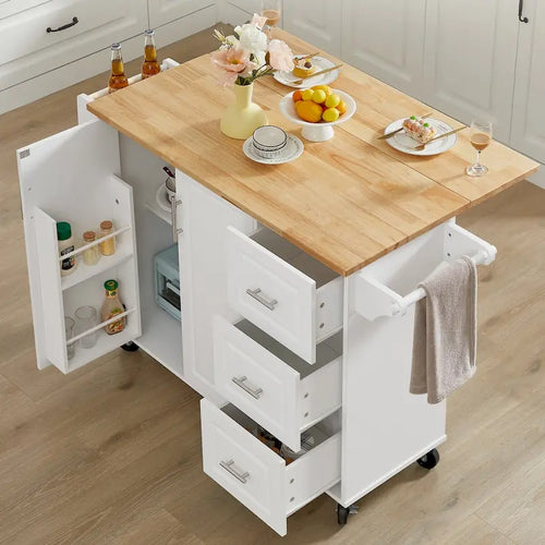 53.8 in. W Rolling Kitchen Island with Internal Storage Rack and Three Drawers