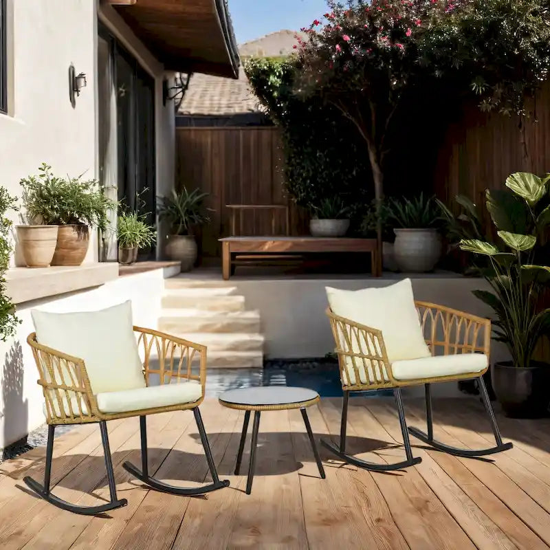 3 Piece Outdoor PE Rattan Conversation Set w/ 2 Rocking Chair & Table