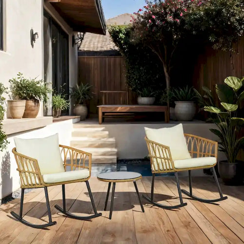 3 Piece Outdoor PE Rattan Conversation Set w/ 2 Rocking Chair & Table
