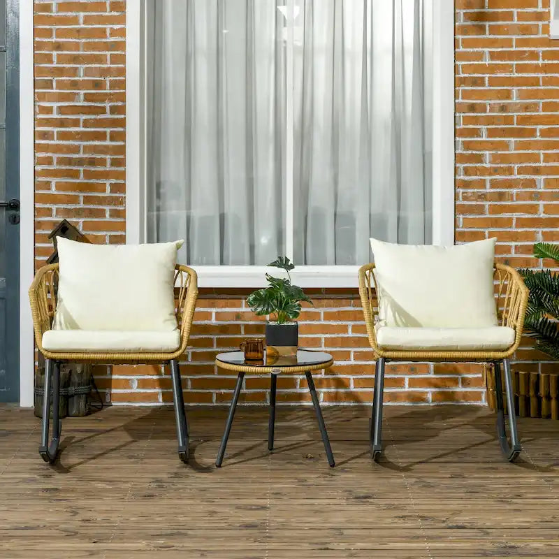 3 Piece Outdoor PE Rattan Conversation Set w/ 2 Rocking Chair & Table