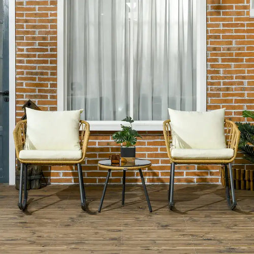 3 Piece Outdoor PE Rattan Conversation Set w/ 2 Rocking Chair & Table