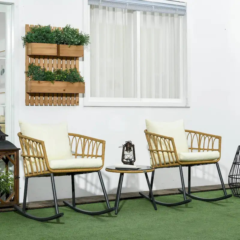 3 Piece Outdoor PE Rattan Conversation Set w/ 2 Rocking Chair & Table