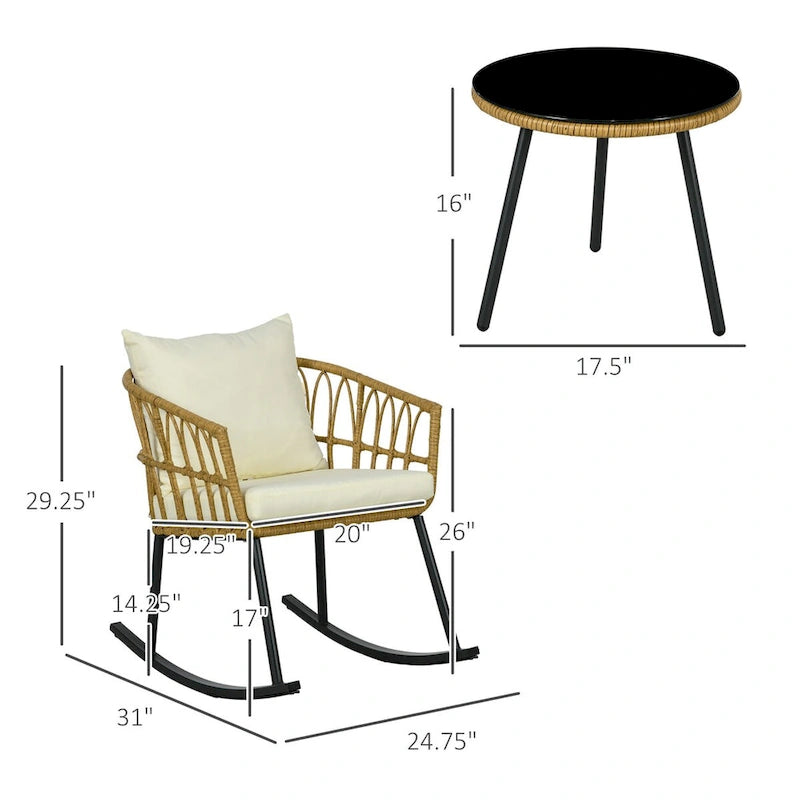 3 Piece Outdoor PE Rattan Conversation Set w/ 2 Rocking Chair & Table