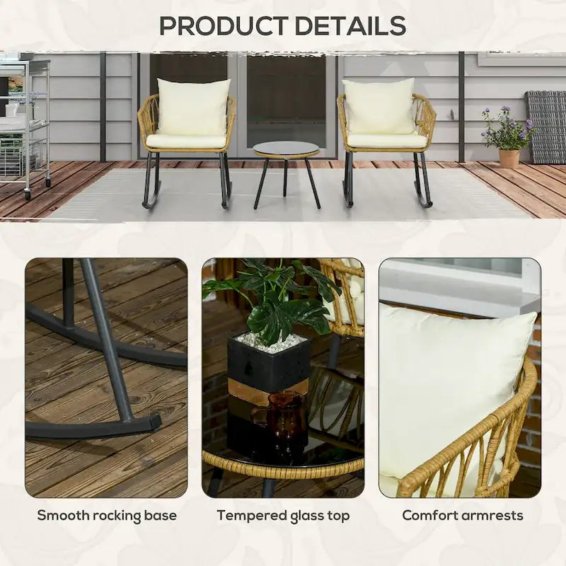 3 Piece Outdoor PE Rattan Conversation Set w/ 2 Rocking Chair & Table