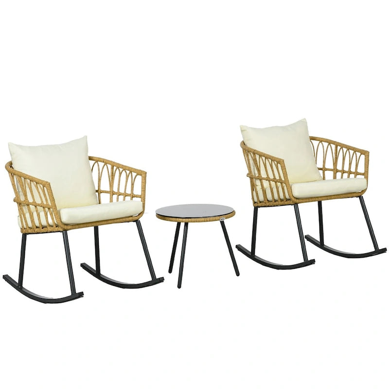 3 Piece Outdoor PE Rattan Conversation Set w/ 2 Rocking Chair & Table