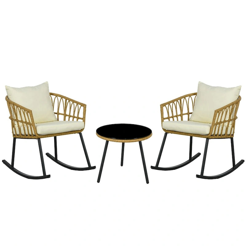 3 Piece Outdoor PE Rattan Conversation Set w/ 2 Rocking Chair & Table