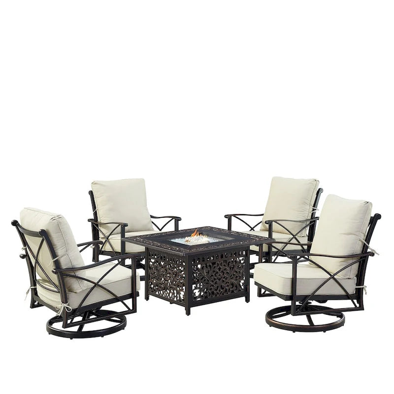 Black Aluminum Fire Table Set with Four Club Chairs