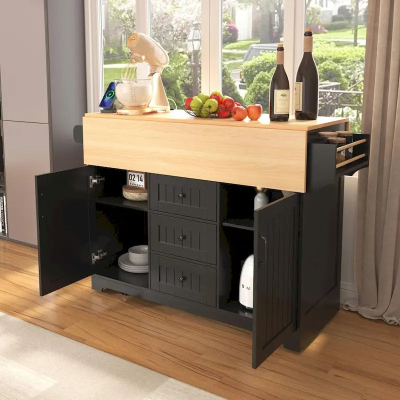55.7 Kitchen Island with Drop Leaves, Rolling Cart with Power Outlet, Spice Rack, and 3 Drawers