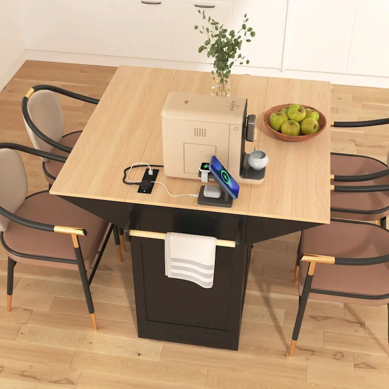 55.7 Kitchen Island with Drop Leaves, Rolling Cart with Power Outlet, Spice Rack, and 3 Drawers
