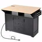 55.7 Kitchen Island with Drop Leaves, Rolling Cart with Power Outlet, Spice Rack, and 3 Drawers