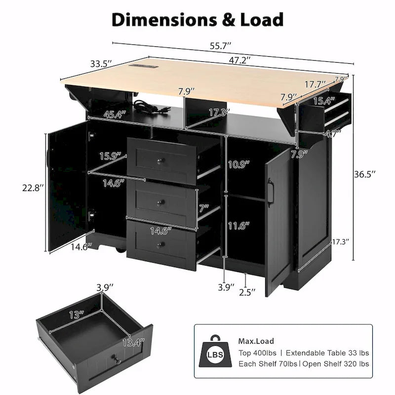 55.7 Kitchen Island with Drop Leaves, Rolling Cart with Power Outlet, Spice Rack, and 3 Drawers
