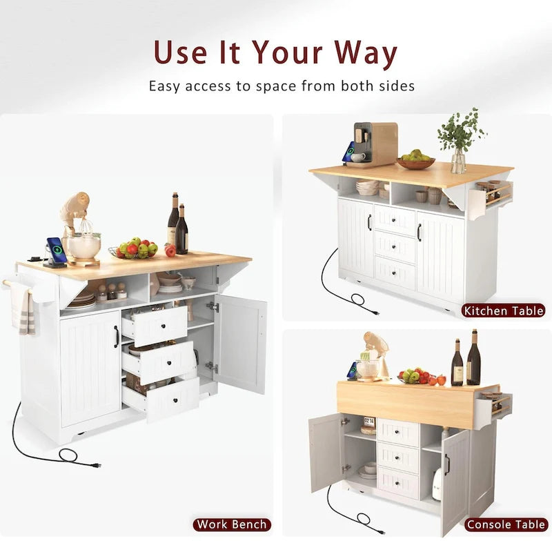 55.7 Kitchen Island with Drop Leaves, Rolling Cart with Power Outlet, Spice Rack, and 3 Drawers