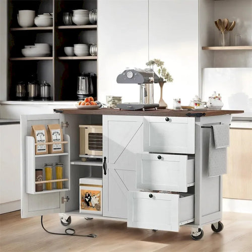 54.5Wood Rolling Kitchen Island w/ Power Outlet,Internal Storage Rack