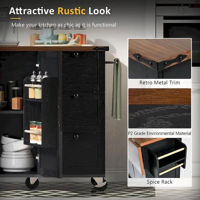 Farmhouse Kitchen Island with Power Outlet and Rolling Cart