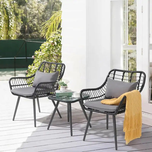 3 Piece Patio Bistro Set, Wicker Outdoor Patio Set with Enhanced Comfort Seating, Round Glass Top Coffee Side Table