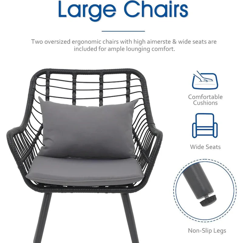 3 Piece Patio Bistro Set, Wicker Outdoor Patio Set with Enhanced Comfort Seating, Round Glass Top Coffee Side Table