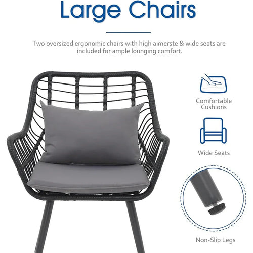 3 Piece Patio Bistro Set, Wicker Outdoor Patio Set with Enhanced Comfort Seating, Round Glass Top Coffee Side Table