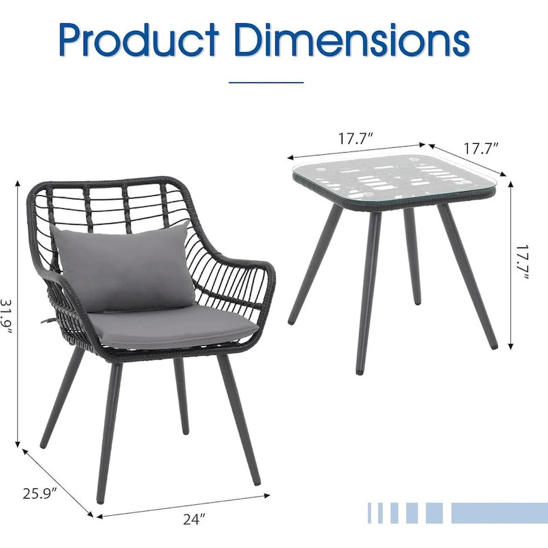 3 Piece Patio Bistro Set, Wicker Outdoor Patio Set with Enhanced Comfort Seating, Round Glass Top Coffee Side Table
