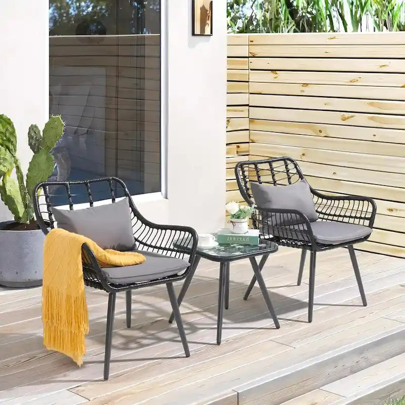3 Piece Patio Bistro Set, Wicker Outdoor Patio Set with Enhanced Comfort Seating, Round Glass Top Coffee Side Table