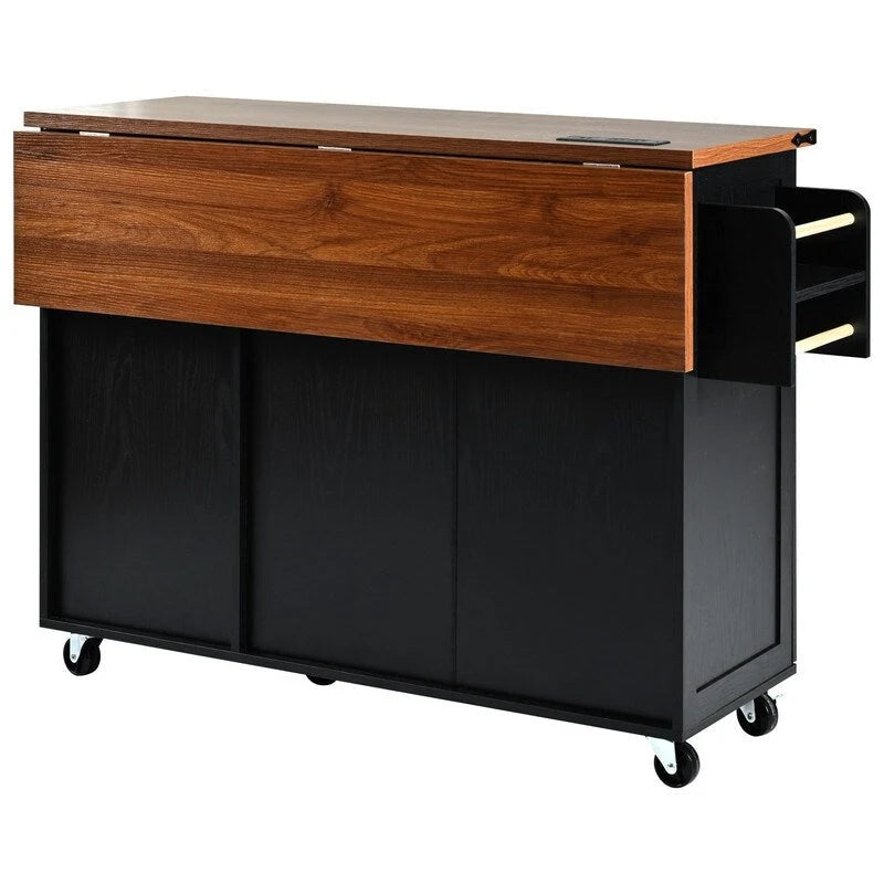 Farmhouse Kitchen Island with Power Outlet, Drop Leaf, Rolling Kitchen Cart