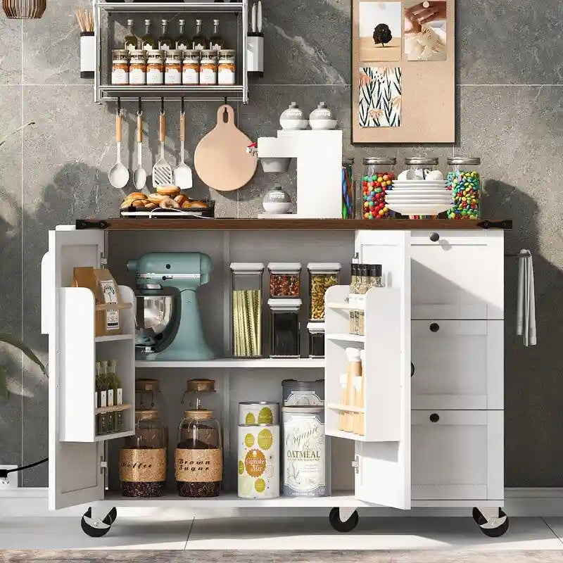 Farmhouse Kitchen Island with Power Outlet, Drop Leaf, Rolling Kitchen Cart