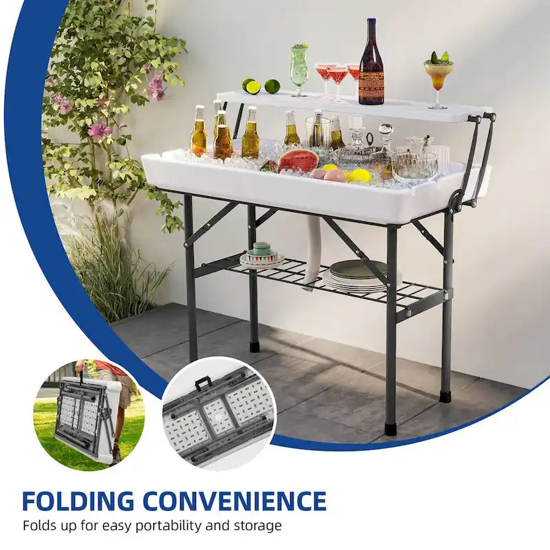 Portable Two-Tier Ice Table Folding Ice Cooler Table with Drain and Detachable Skirt
