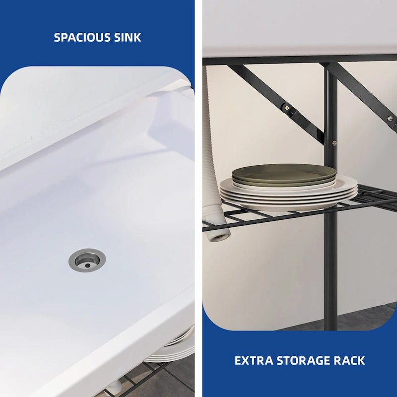 Portable Two-Tier Ice Table Folding Ice Cooler Table with Drain and Detachable Skirt