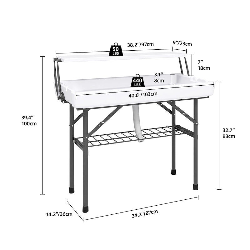 Portable Two-Tier Ice Table Folding Ice Cooler Table with Drain and Detachable Skirt