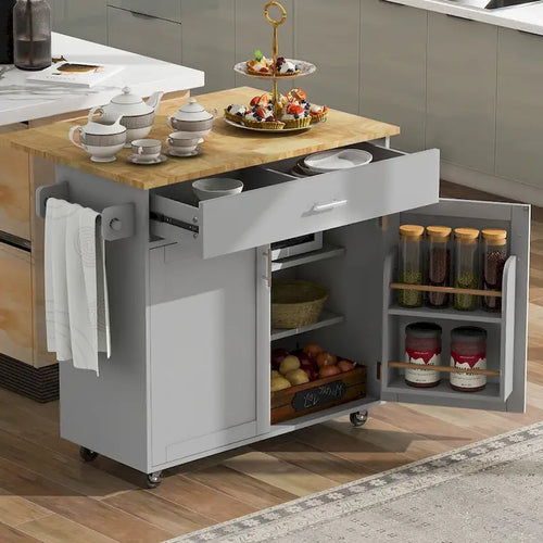 39W Kitchen Island with Storage and Rubber Wood Top - N/A
