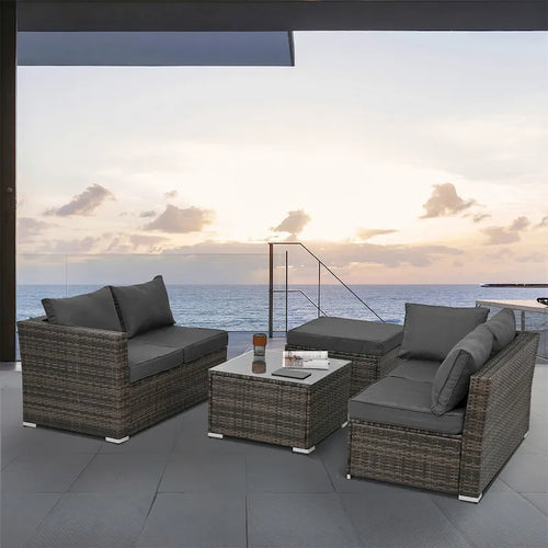 4 Set Wicker PE Wicker Seasonal Sofa with Tempered Glass Coffee Table