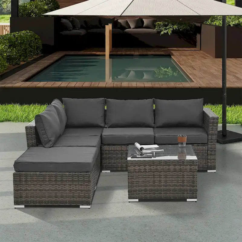 4 Set Wicker PE Wicker Seasonal Sofa with Tempered Glass Coffee Table
