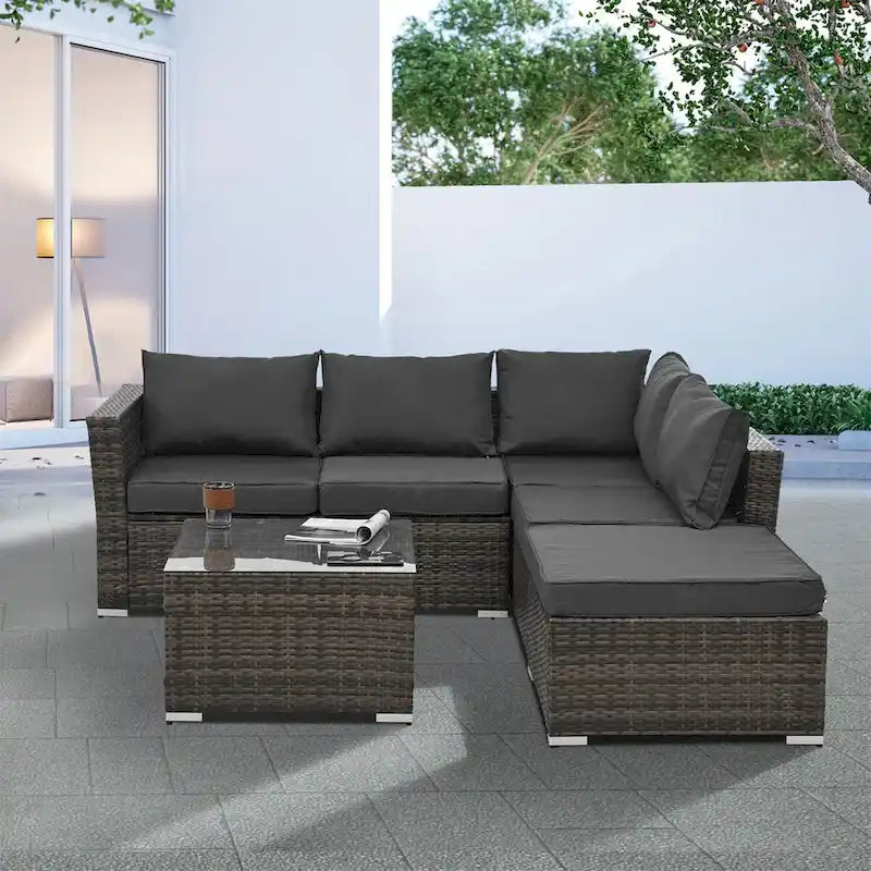 4 Set Wicker PE Wicker Seasonal Sofa with Tempered Glass Coffee Table