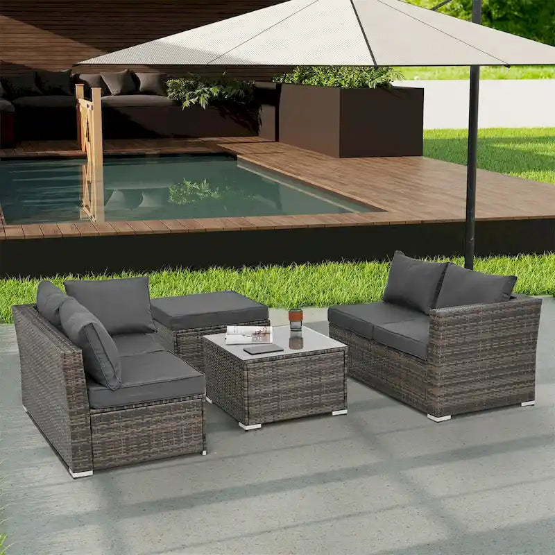 4 Set Wicker PE Wicker Seasonal Sofa with Tempered Glass Coffee Table