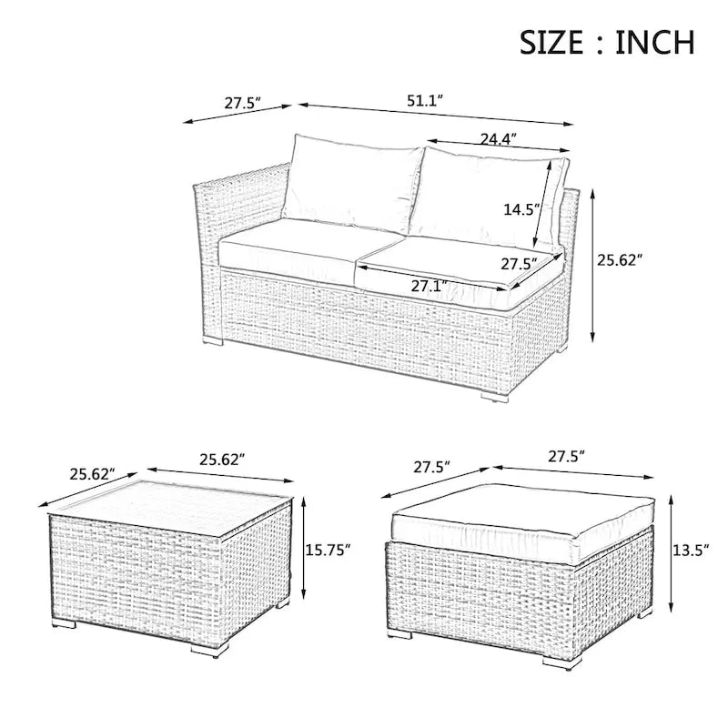 4 Set Wicker PE Wicker Seasonal Sofa with Tempered Glass Coffee Table