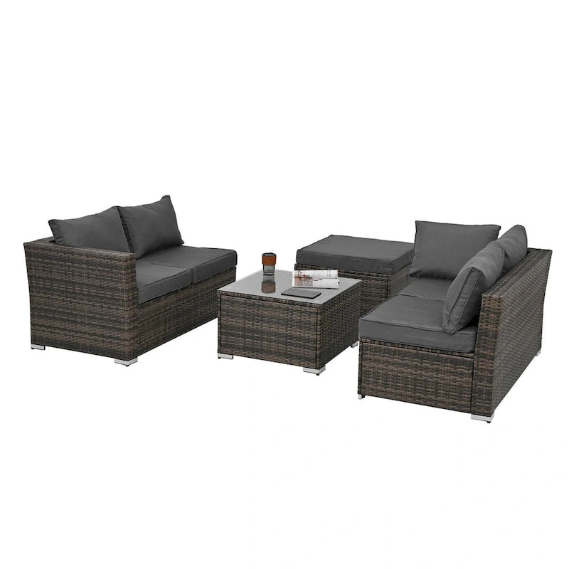 4 Set Wicker PE Wicker Seasonal Sofa with Tempered Glass Coffee Table