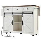 53.7 Kitchen Island, Power Outlet, 2 Sliding Barn Door Kitchen Storage Island Drop Leaf, Rack Rolling Kitchen Cart on Wheels