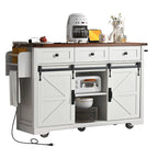 53.7 Kitchen Island, Power Outlet, 2 Sliding Barn Door Kitchen Storage Island Drop Leaf, Rack Rolling Kitchen Cart on Wheels