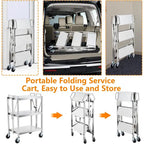 Foldable Utility Silver 3-Tier Service Cart with Wheels Lockable - N/A