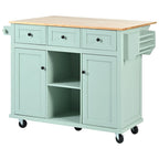 Kitchen Cart with Rubber wood Drop-Leaf Countertop ,Kitchen Island on 5 Wheels with Storage Cabinet and 3 Drawers