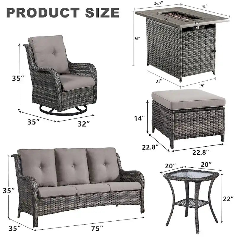 Outside Sofa with Swivel Chair Ottomans Fire Pit Table - Grey